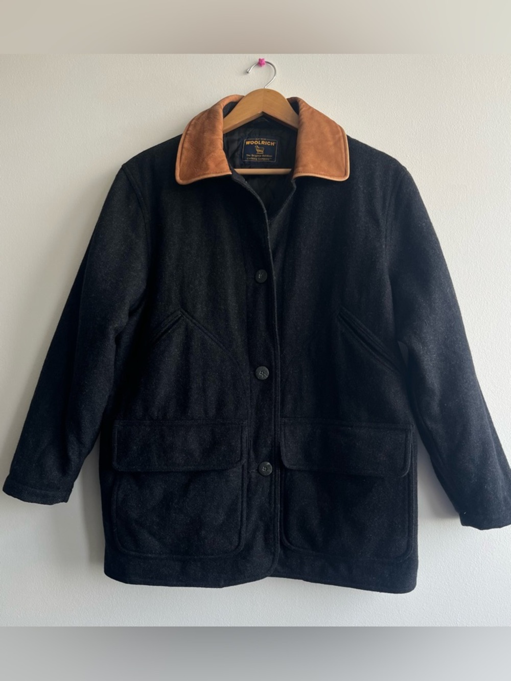 Woolrich Charcoal Wool Barn Jacket with Leather Collar Vintage 90s Mens Size M